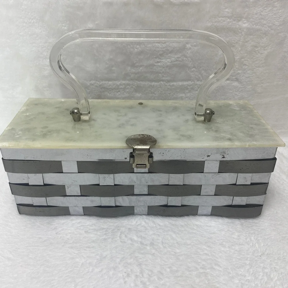 VTG Dorset Rex Lucite Basket Weave Metal Purse Silver White Bakelite Lid Handbag